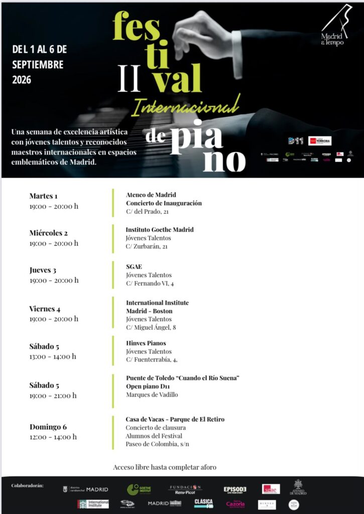 Cartel con la programación del II Festival Internacional de Piano del 1 al 6 de septiembre en varios espacios de Madrid.