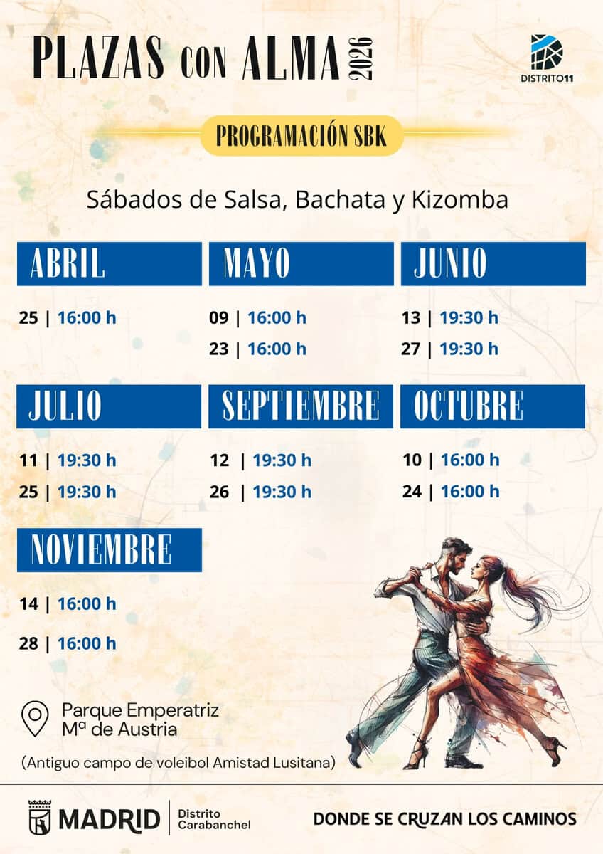 Programación anual del Bailódromo SBK 2026 dentro del programa Plazas con Alma en el Parque Emperatriz María de Austria