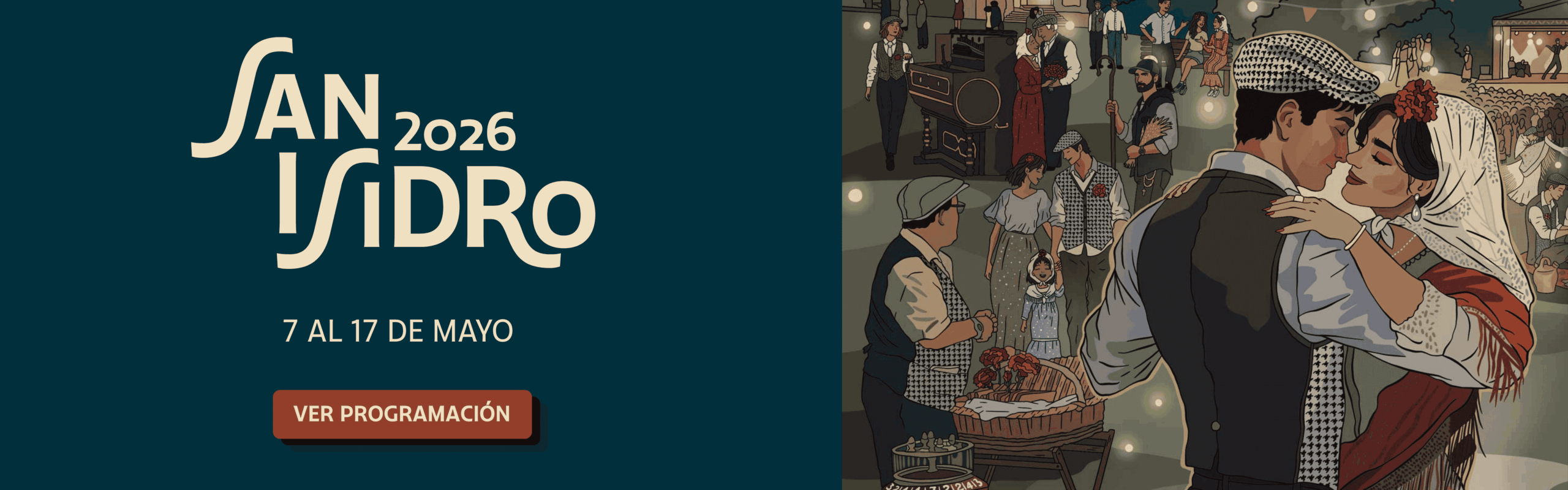 Cartel oficial de San Isidro 2026 con ilustración de chulapos bailando y el texto 
