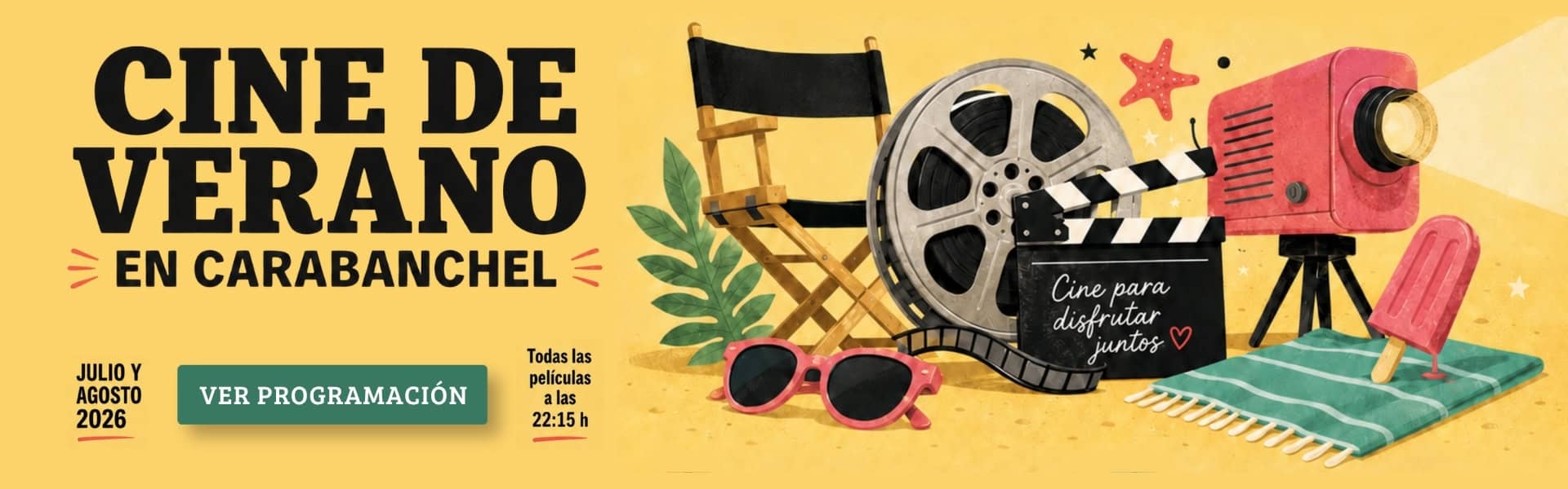 Cartel de Cine de Verano en Carabanchel 2026 y programación de julio y agosto de 2026.